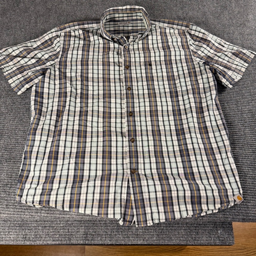 Carhartt Mens Relaxed Fit Plaid Short Sleeve Button Down Shirt Grey XL